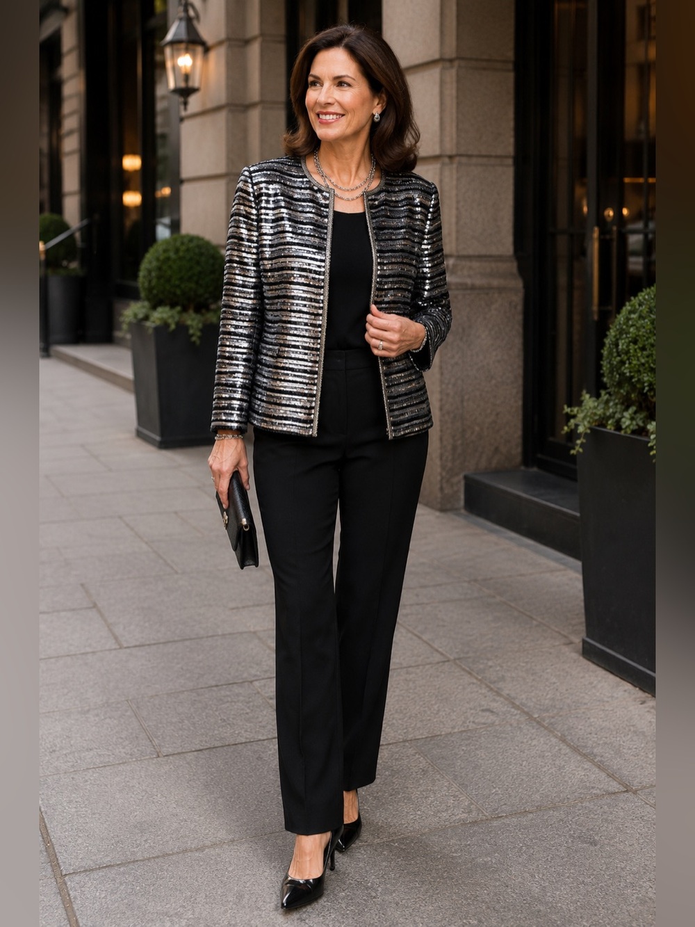 SCALA Vintage Women's Black Silver Stripe Sequin Evening Blazer Jacket L
